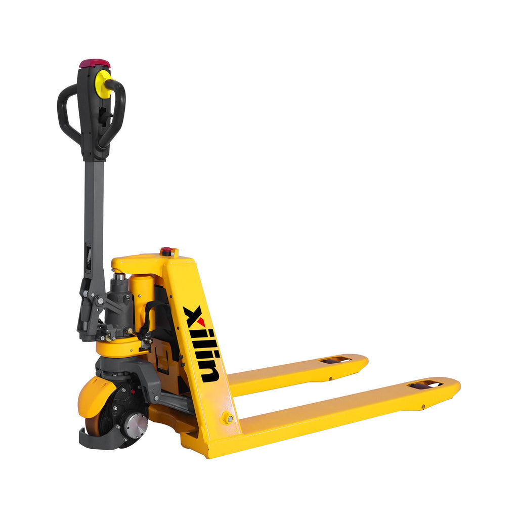 Electric pallet jack with yellow forks, black mast, and operator handle, front view