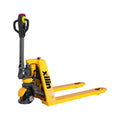 Electric pallet jack with yellow forks, black mast, and operator handle, front view