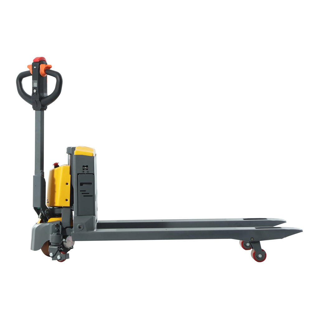 Electric pallet jack with gray frame, yellow battery, and black handle on caster base