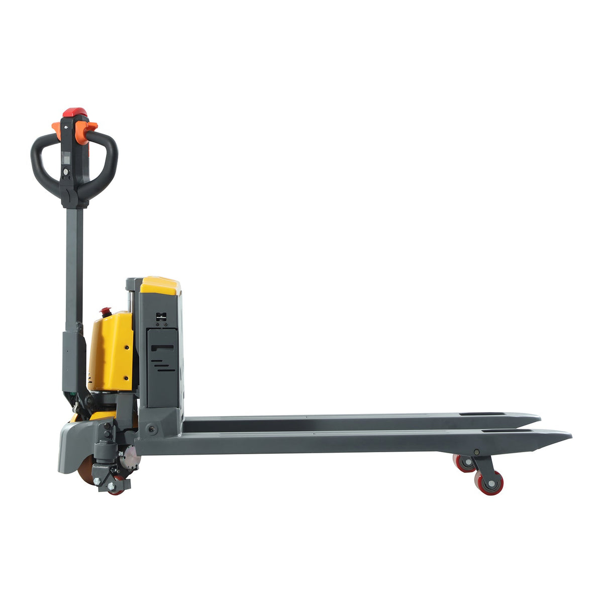 Electric pallet jack with gray frame, yellow battery, and black handle on caster base