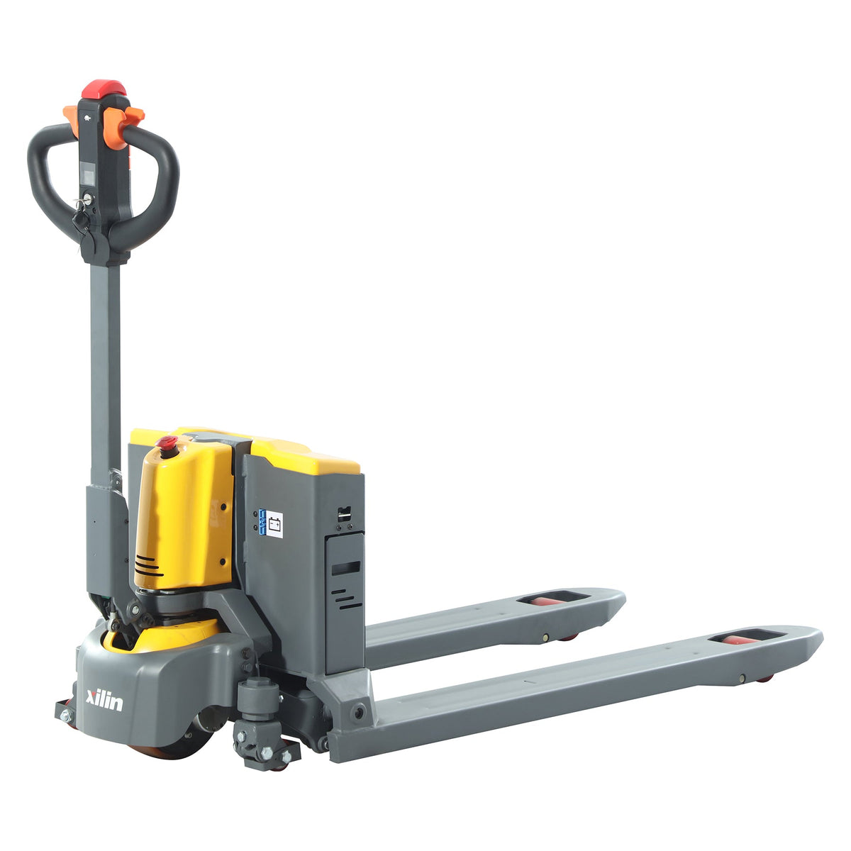 Electric pallet jack with yellow power unit, gray forks, and black handle grips