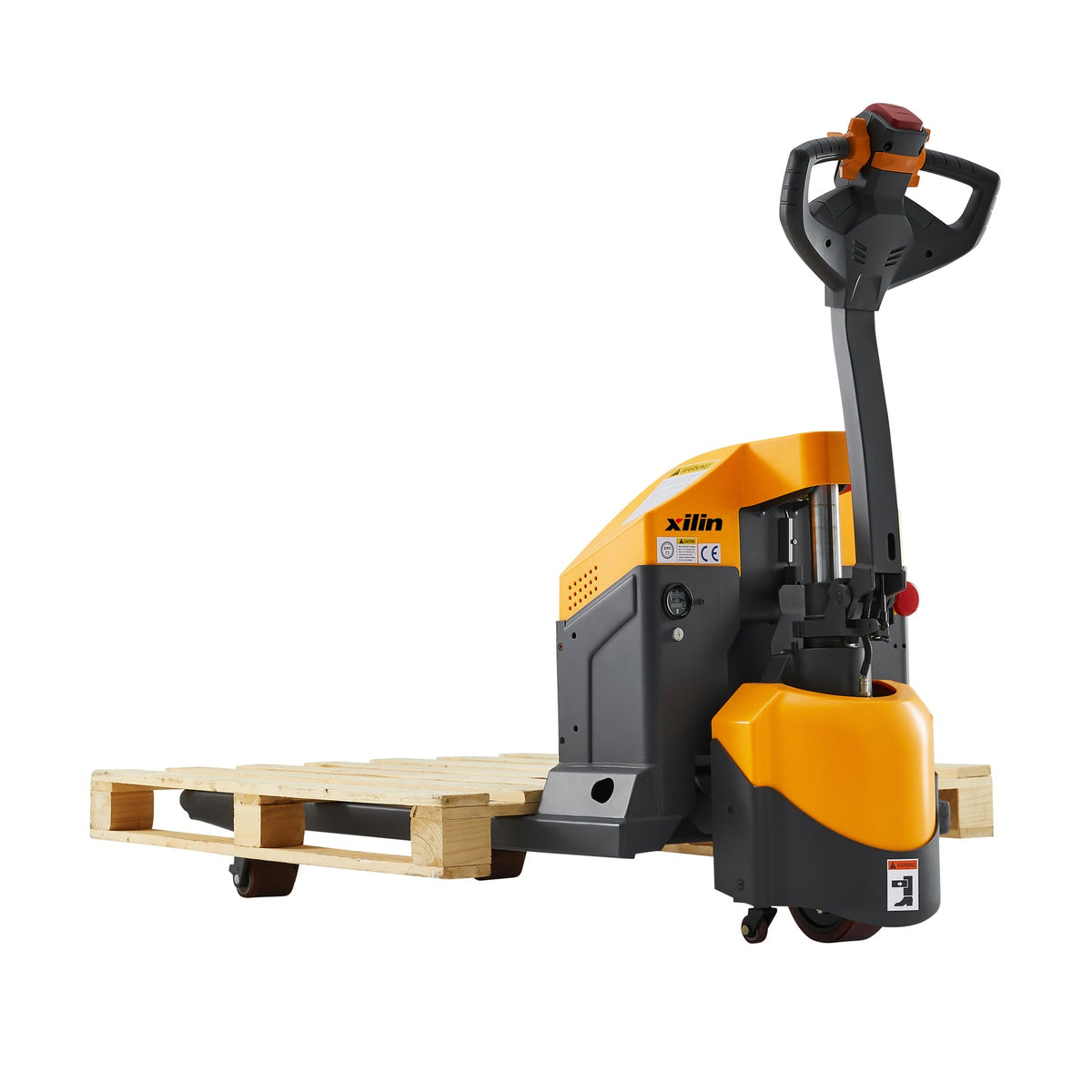Orange and black electric pallet jack lifting a wooden pallet