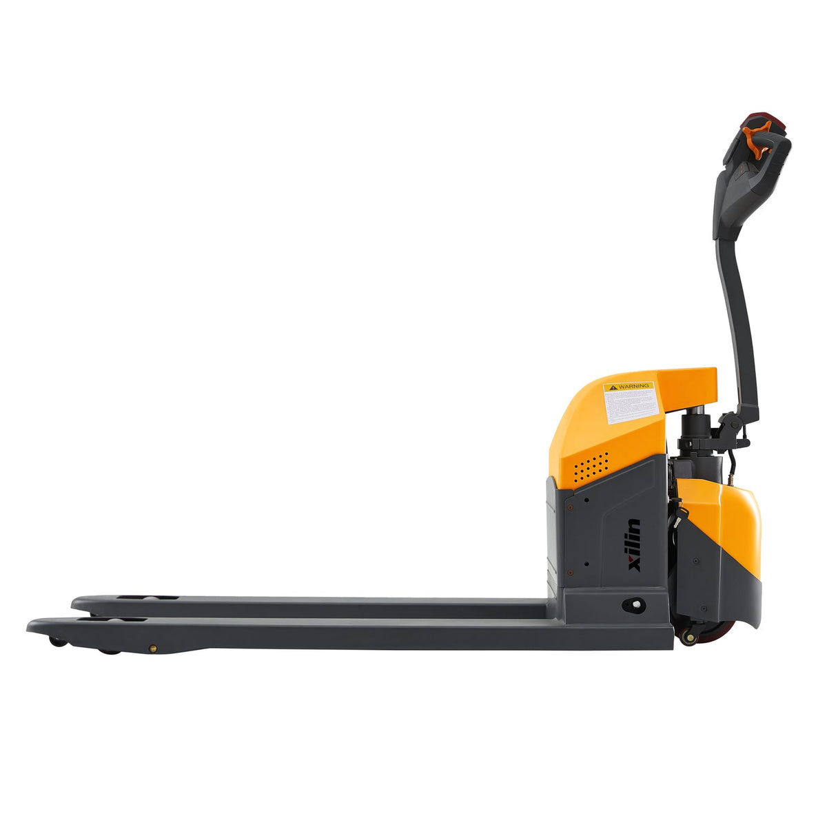 Orange and black electric pallet jack side view with extended forks