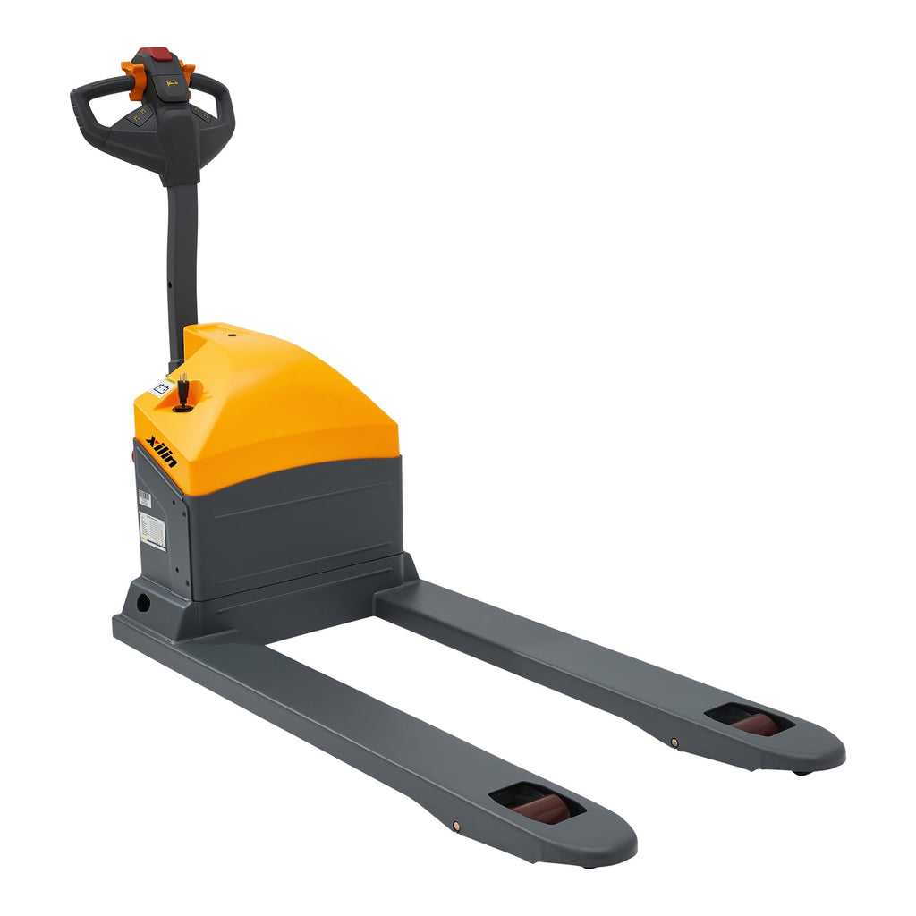 Orange and black electric pallet jack with low-profile forks