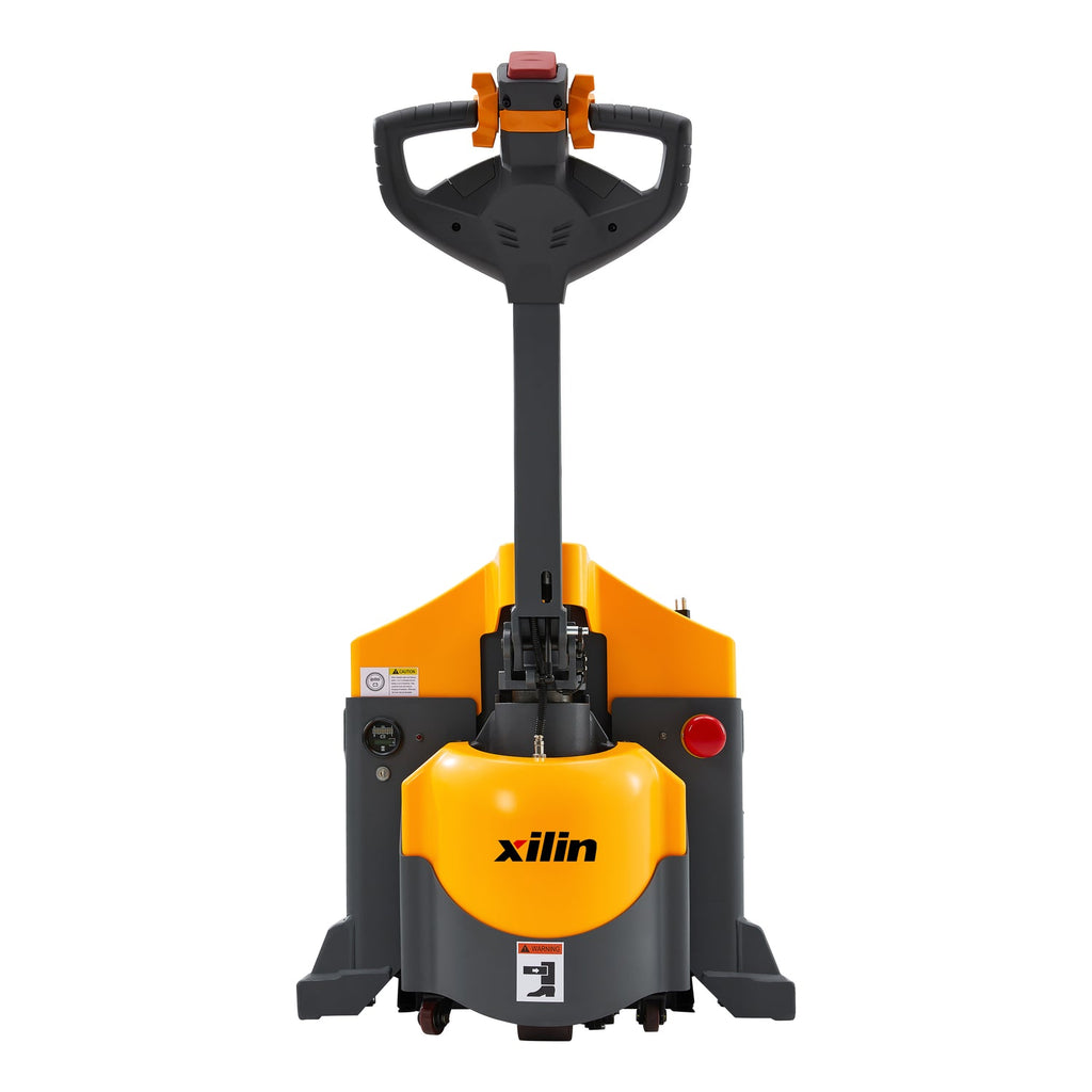 Orange and black electric pallet jack with front control mast