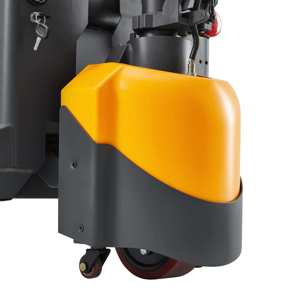 Orange and black electric pallet jack battery housing with caster wheels