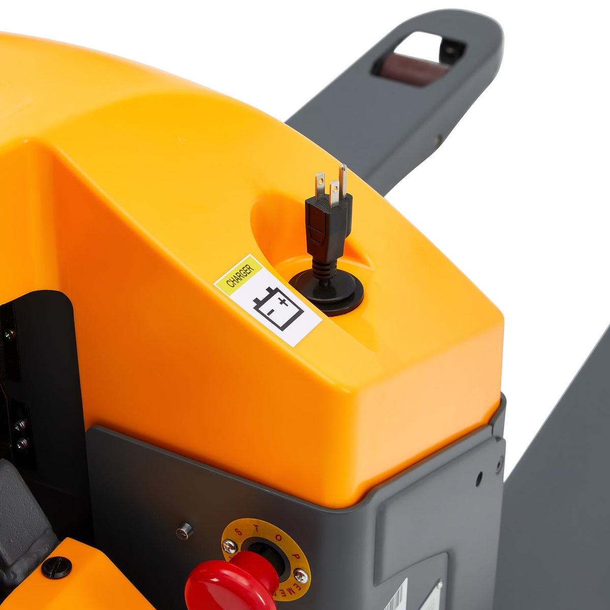 Orange electric pallet jack control lever and red emergency button