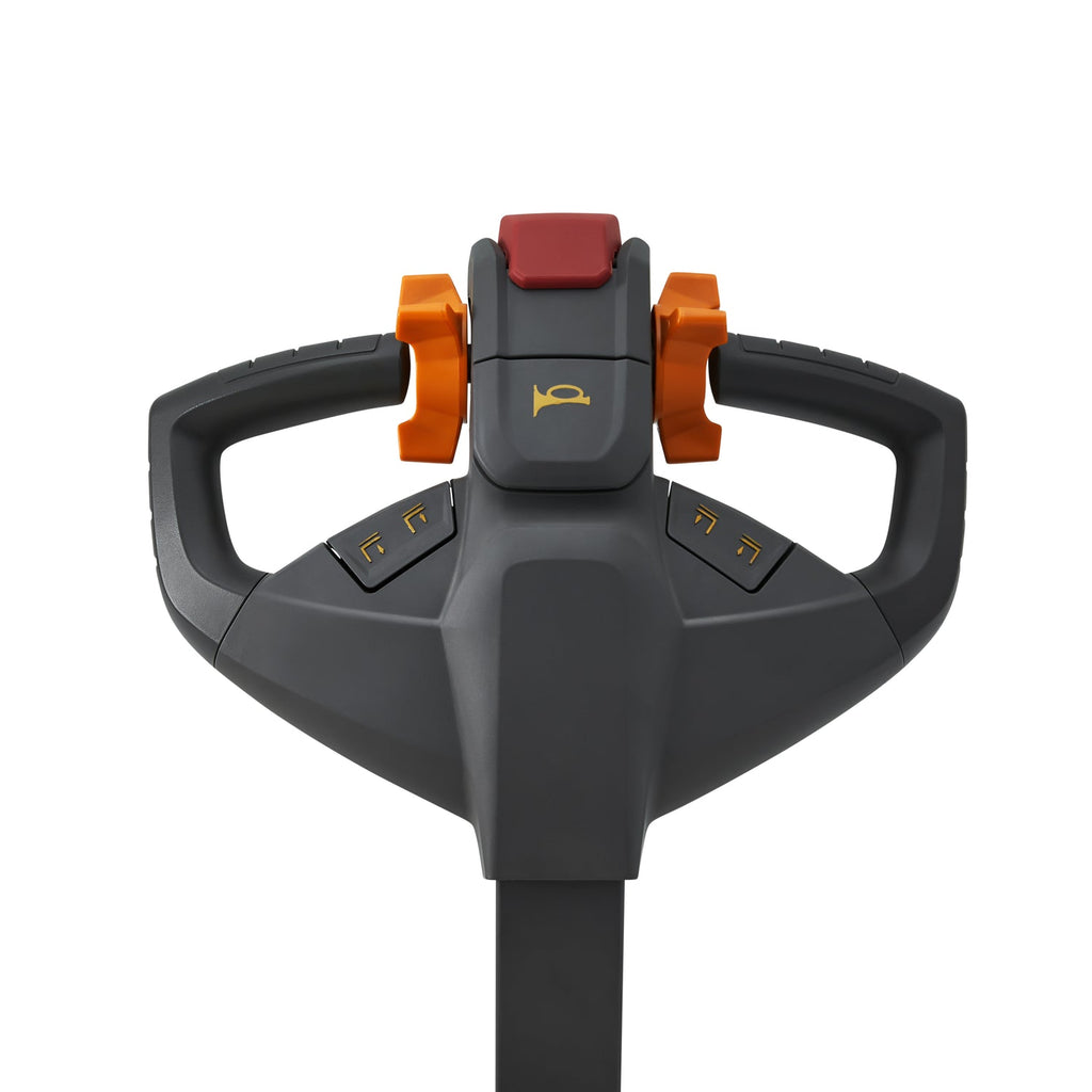Electric pallet jack operator handle with red control pad and buttons