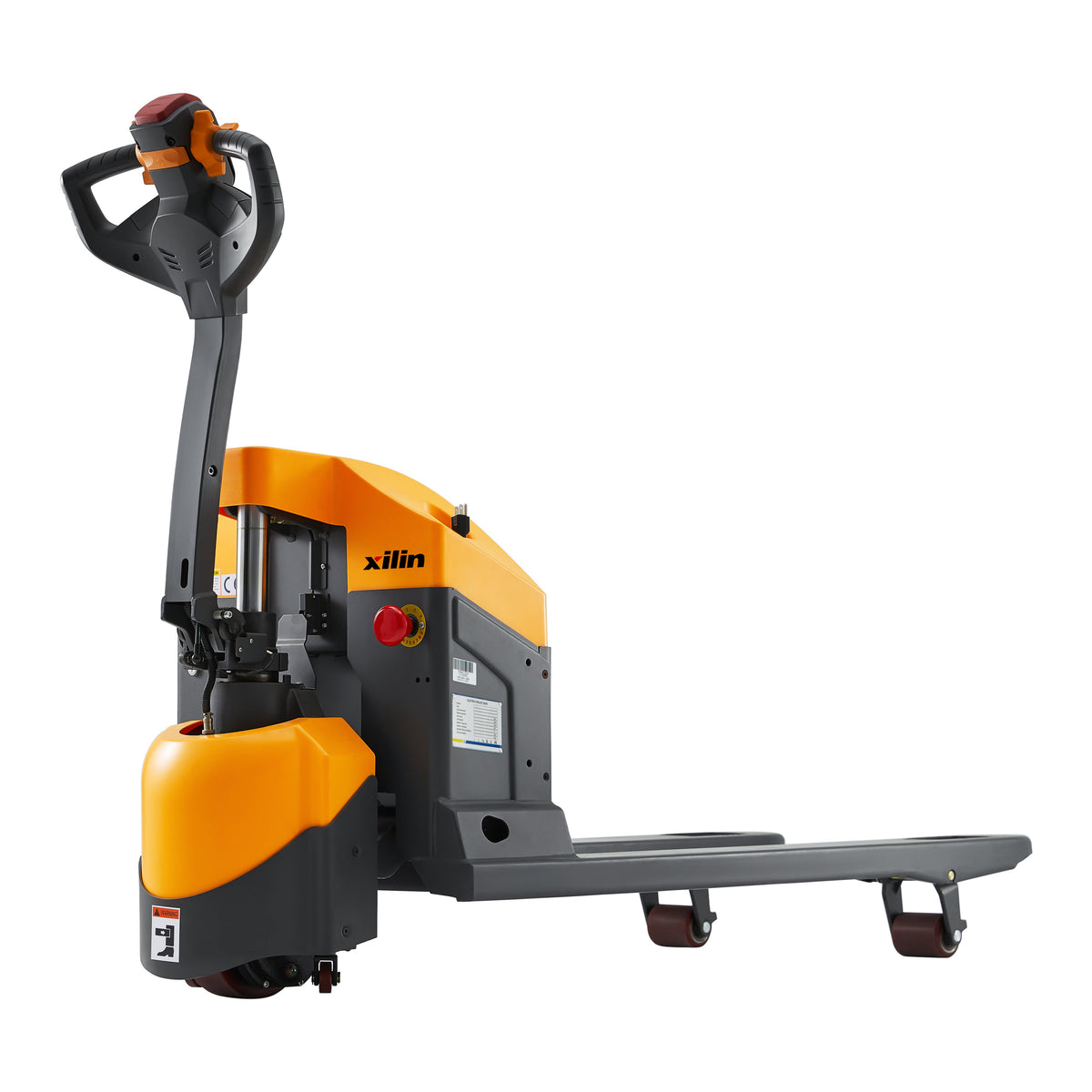 Orange and black electric pallet jack with operator handle and forks