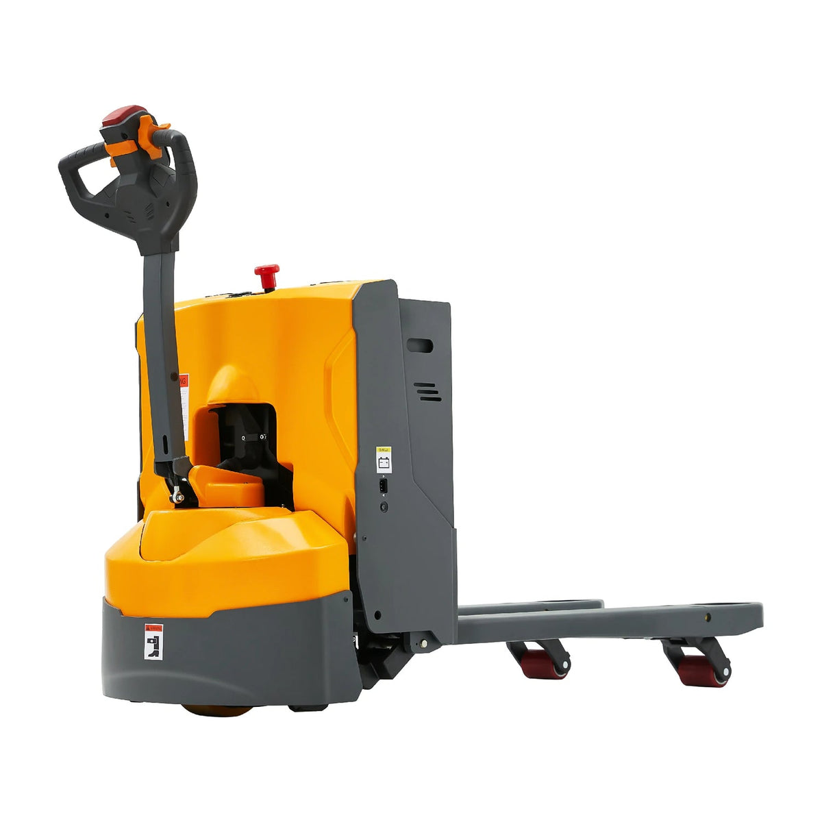 Electric pallet jack with yellow operator unit, gray forks, and red wheel guards