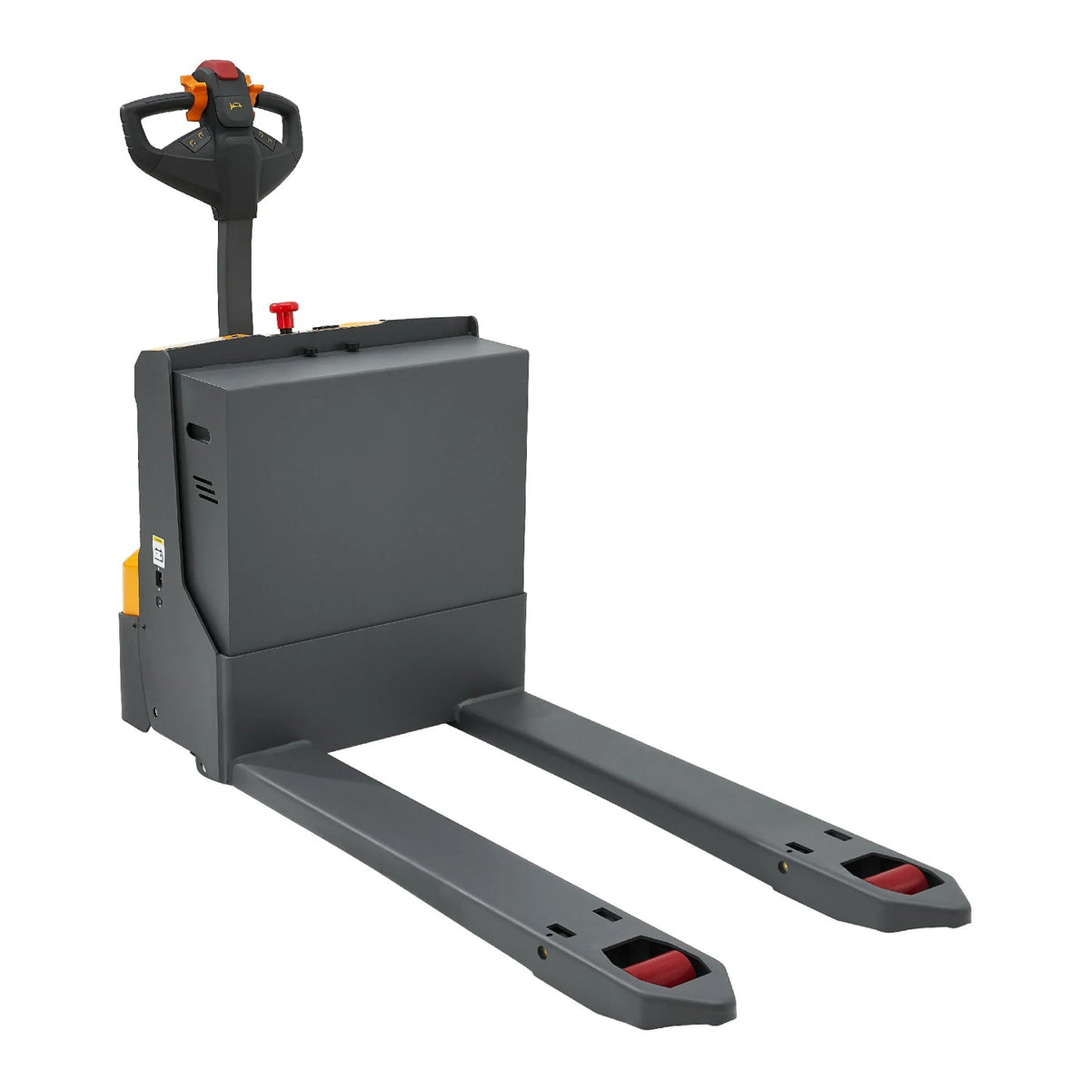 Electric pallet jack with two gray forks and black operator mast