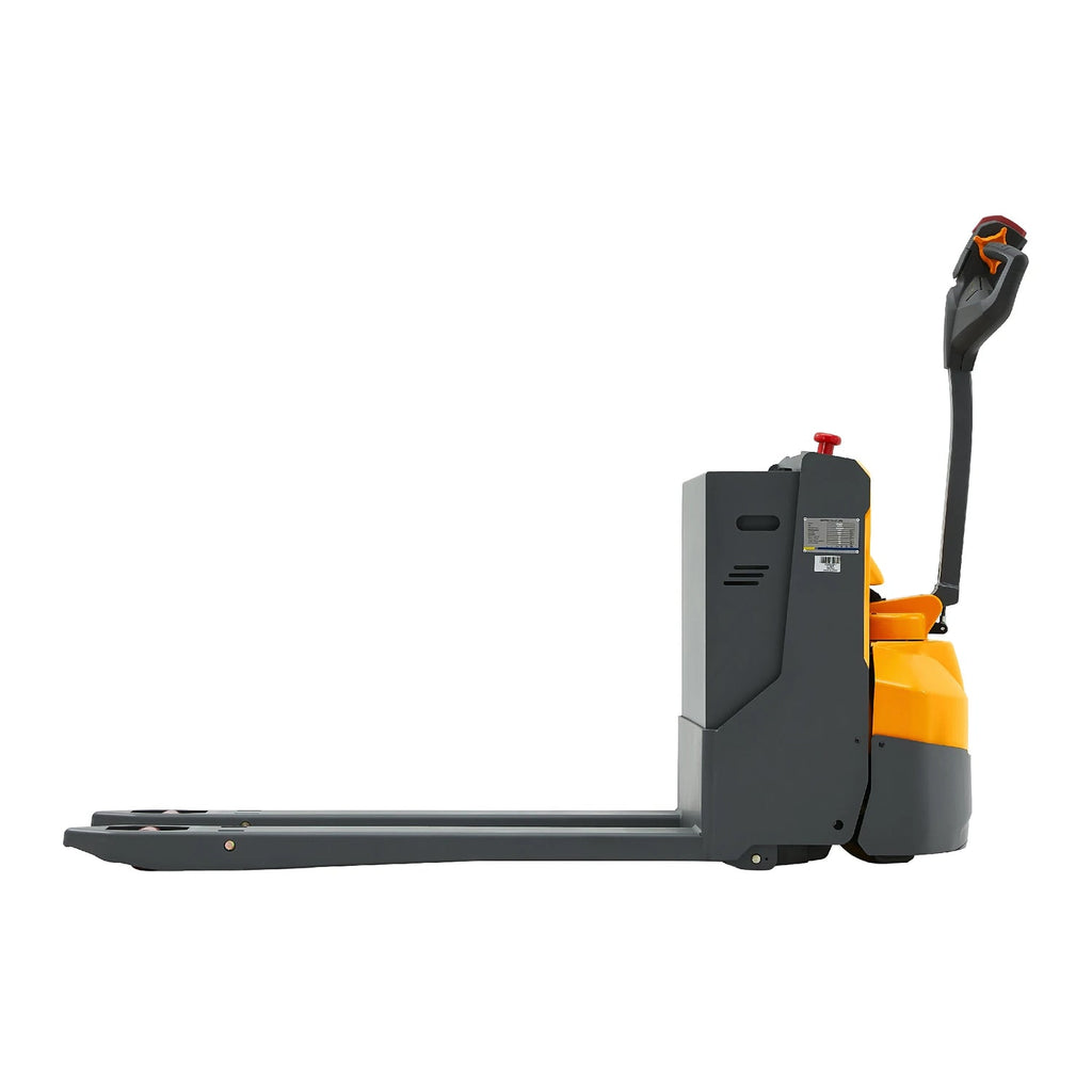 Electric pallet jack side view with yellow base and raised black handle