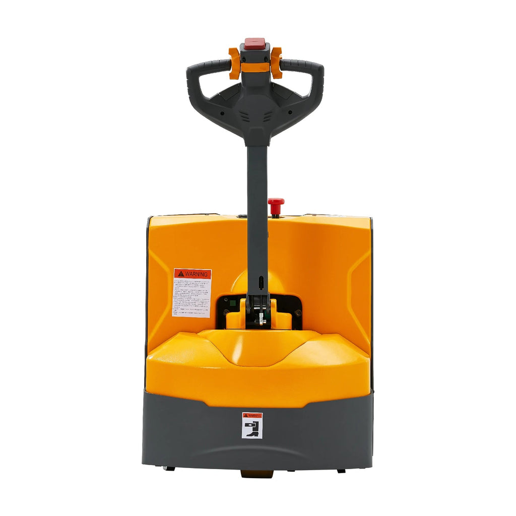 Electric pallet jack front view with yellow seat housing and black control mast