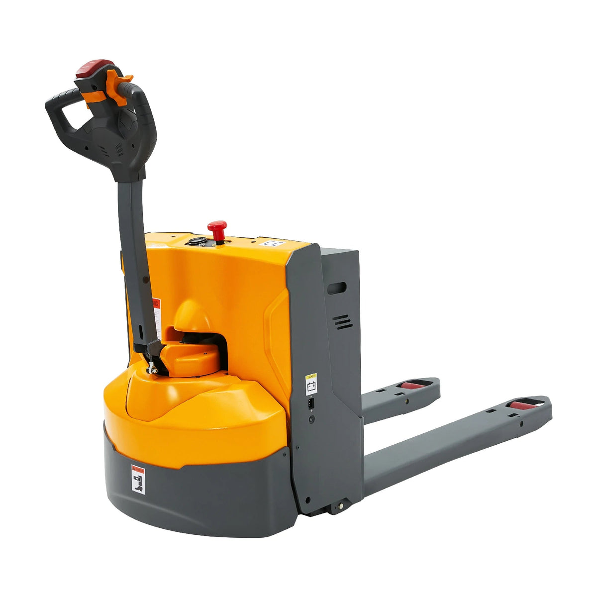 Electric pallet jack with yellow body, gray forks, and red emergency stop button