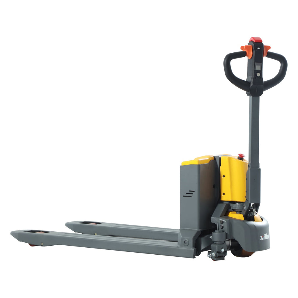 Electric pallet jack showing gray forks and yellow power unit, angled front view