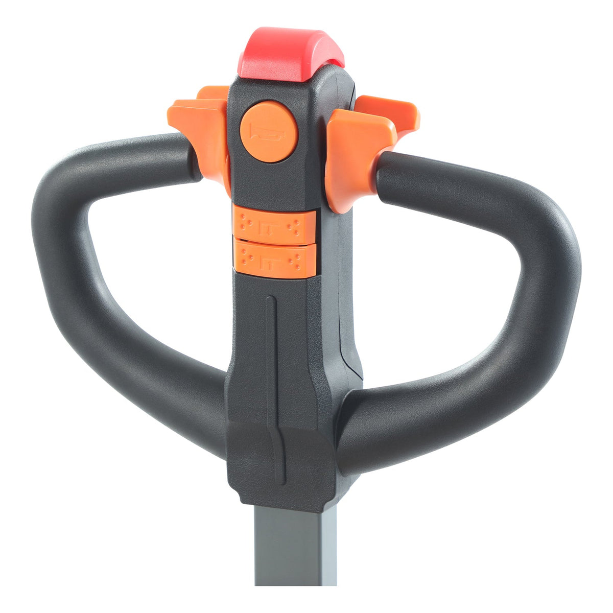 Electric pallet jack handle with black grips, orange levers, red top button
