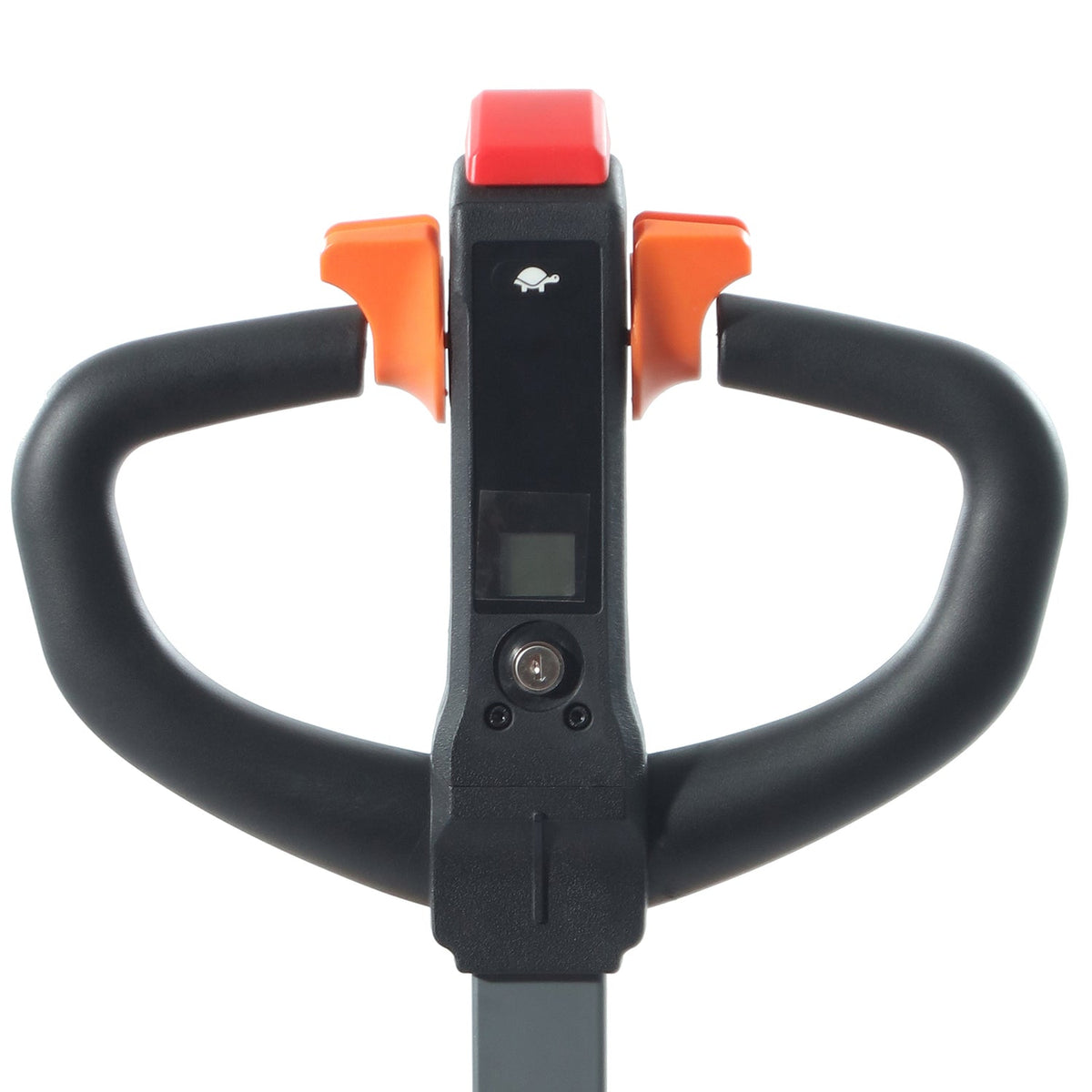 Electric pallet jack control panel with screen and round button, black housing