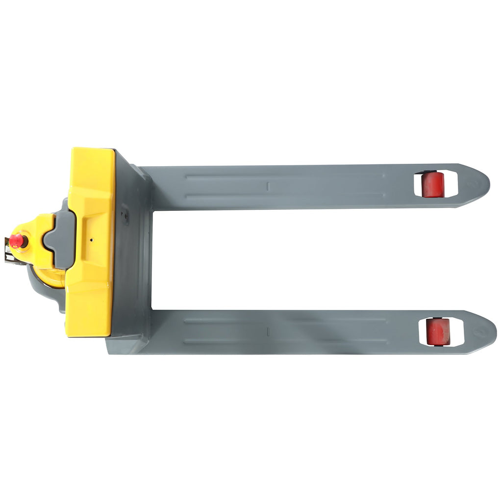Electric pallet jack forks with black latch plates and yellow power end, close-up