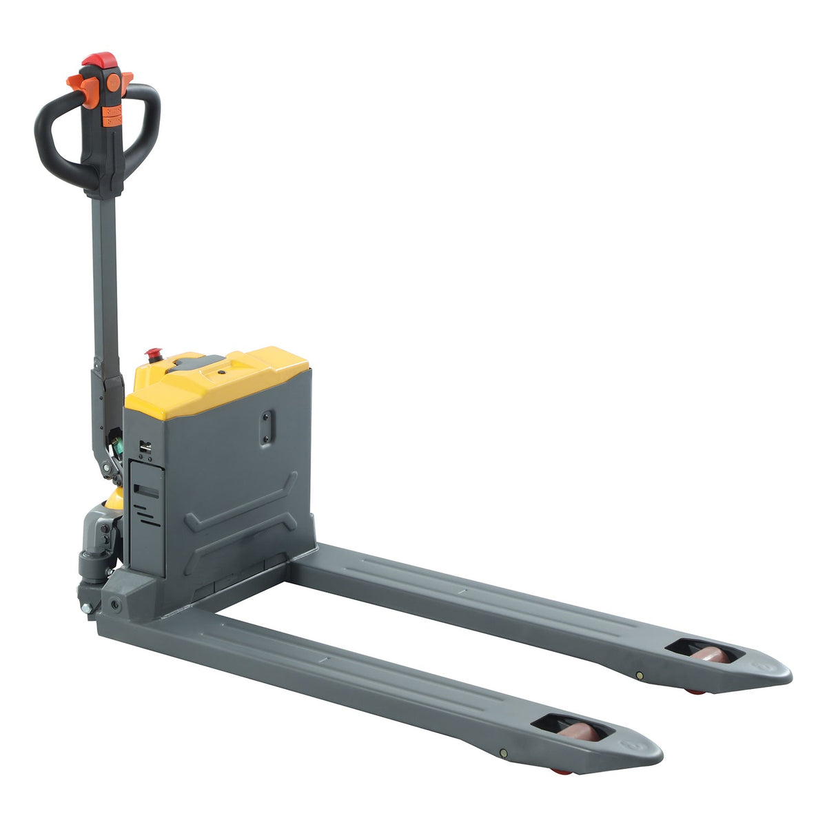 Electric pallet jack with gray chassis, yellow battery unit, and red safety knob
