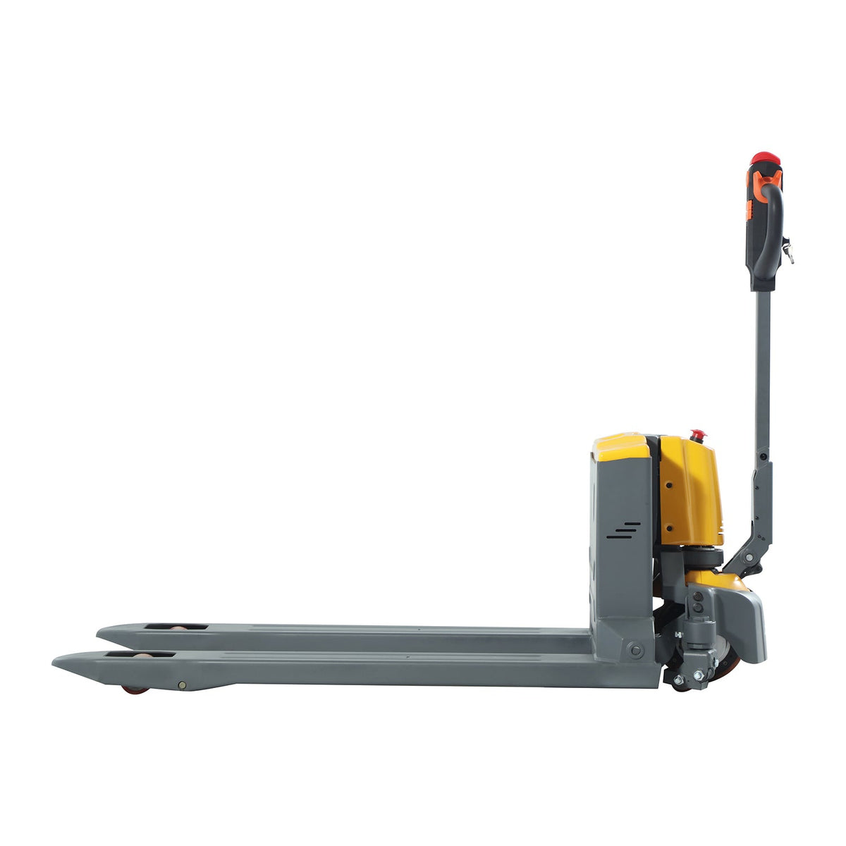 Electric pallet jack with yellow power unit, gray forks, standing side profile