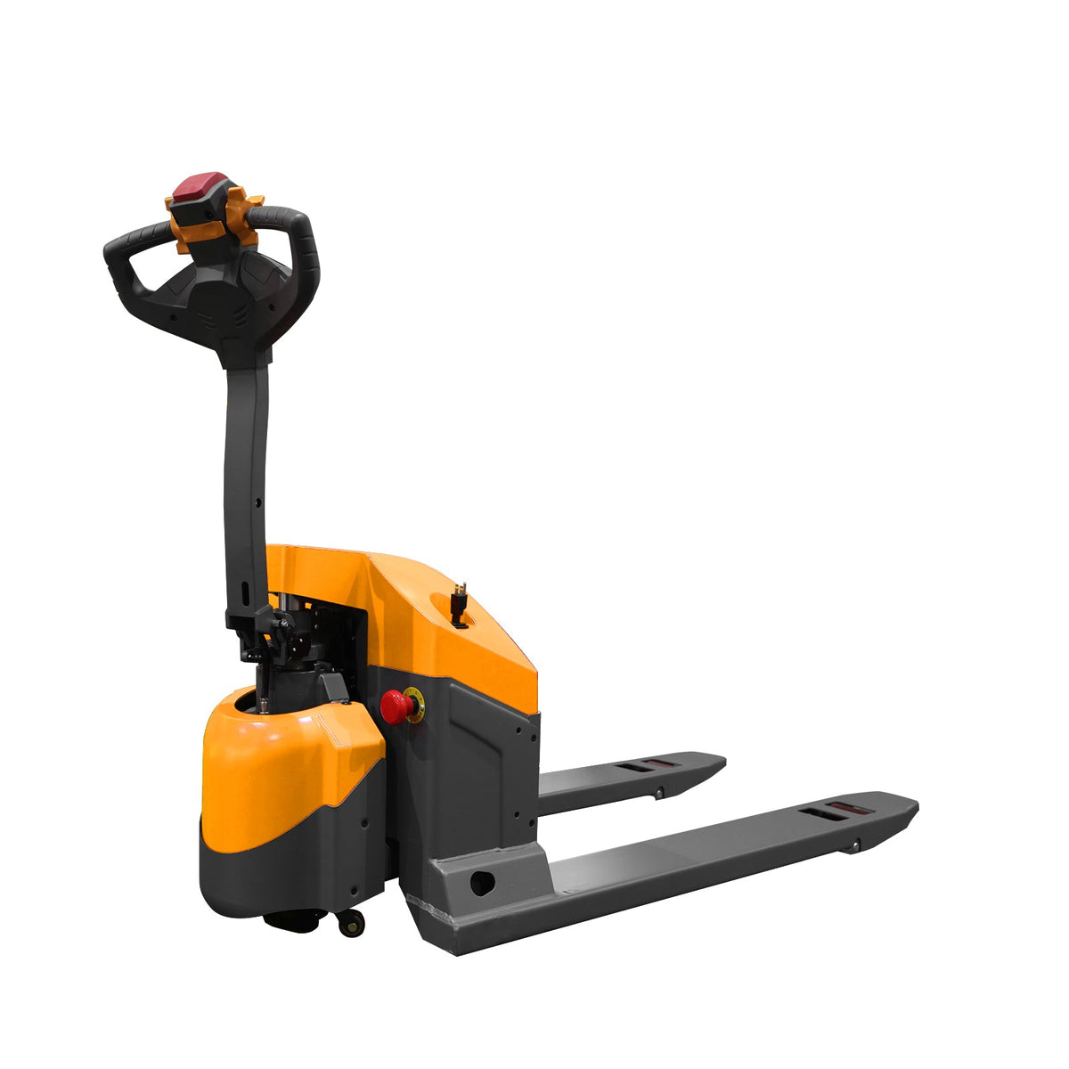 Electric pallet jack with orange and black body and two steel forks