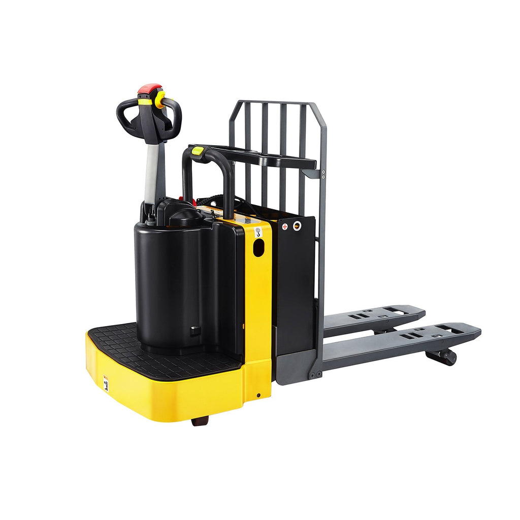 Xilin electric pallet jack with yellow base, black mast, and fork guards