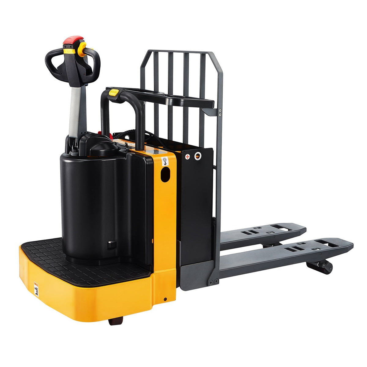 Electric pallet jack side view with black lift frame, yellow chassis, and dual front forks