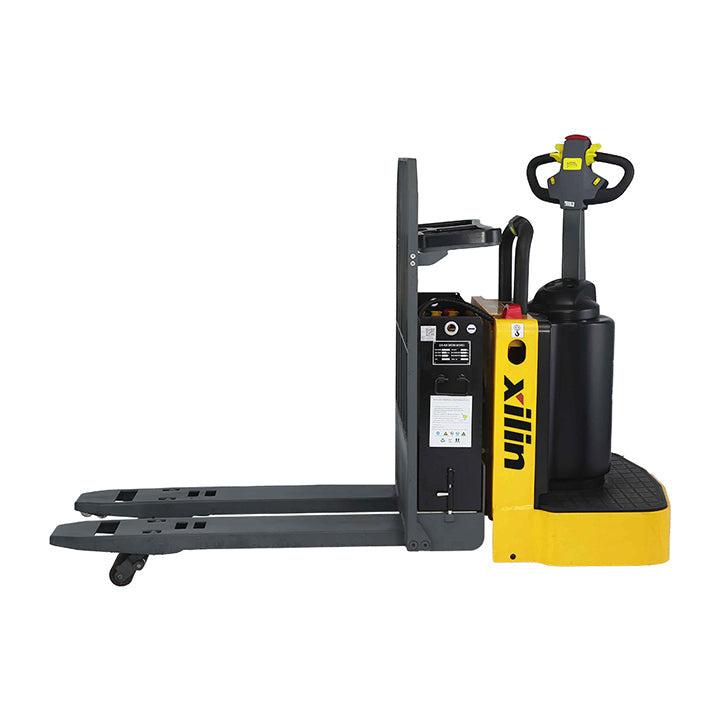 Electric pallet jack rear view with black control mast and yellow base