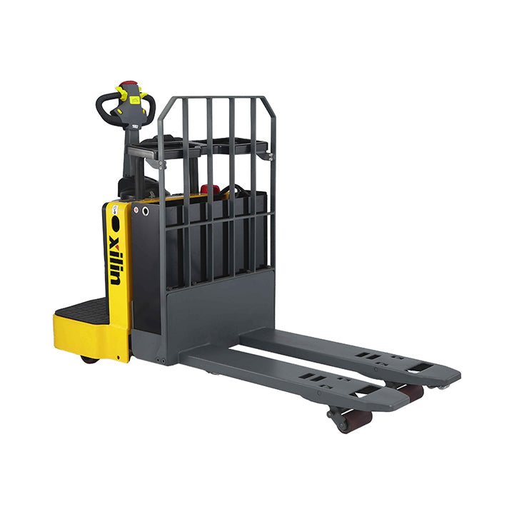 Electric pallet jack three-quarter view with black guard frame and yellow lifting platform