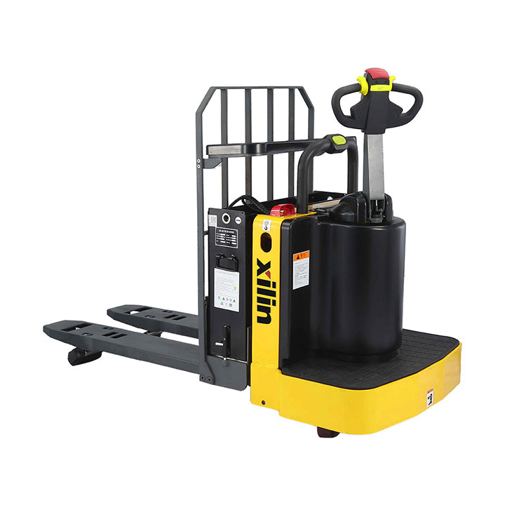 Electric pallet jack with black forks and yellow base, upright battery and control handle