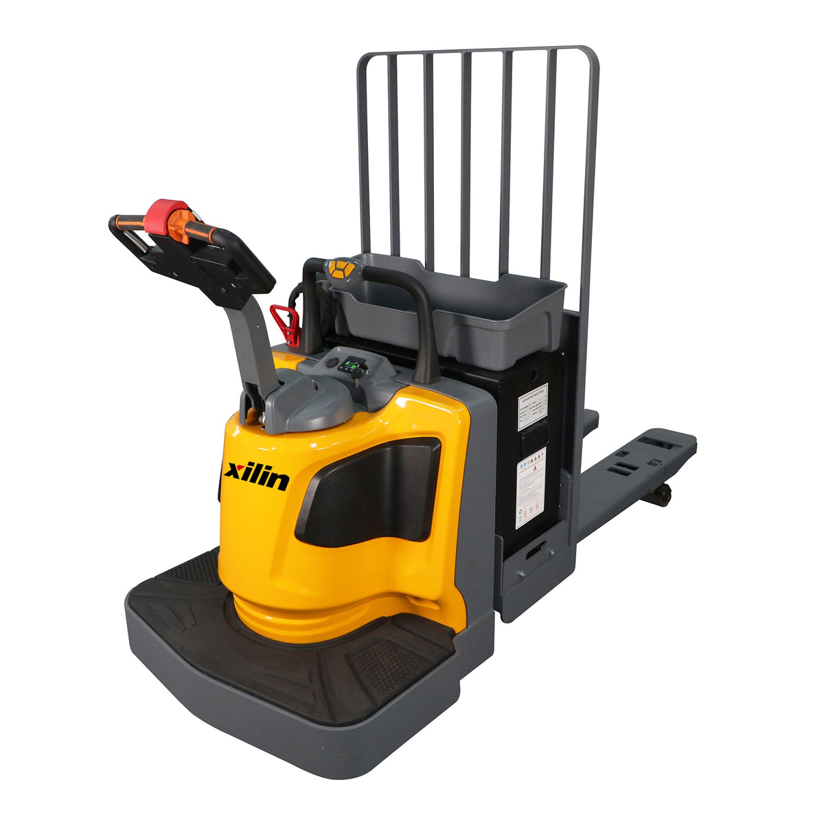 Yellow electric pallet truck with upright safety rack and side control panel