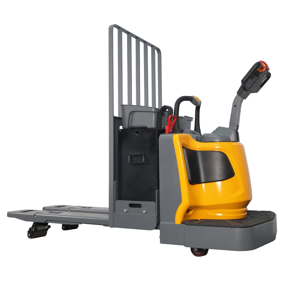 Yellow electric pallet jack with operator controls and vertical safety guard