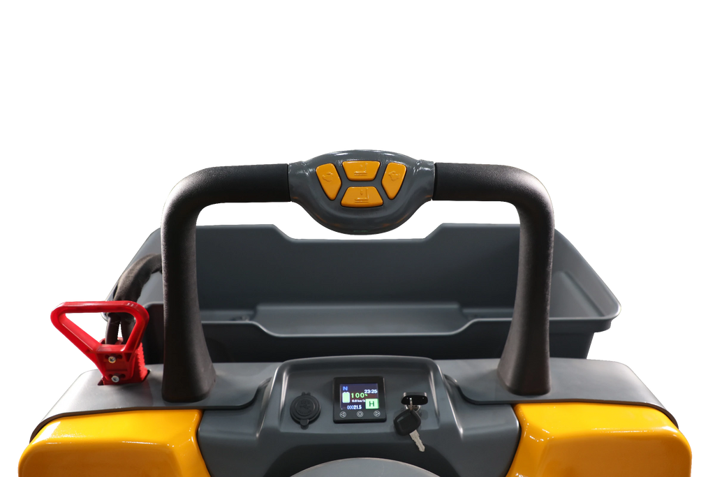 Electric pallet jack control panel with steering handles and small digital display
