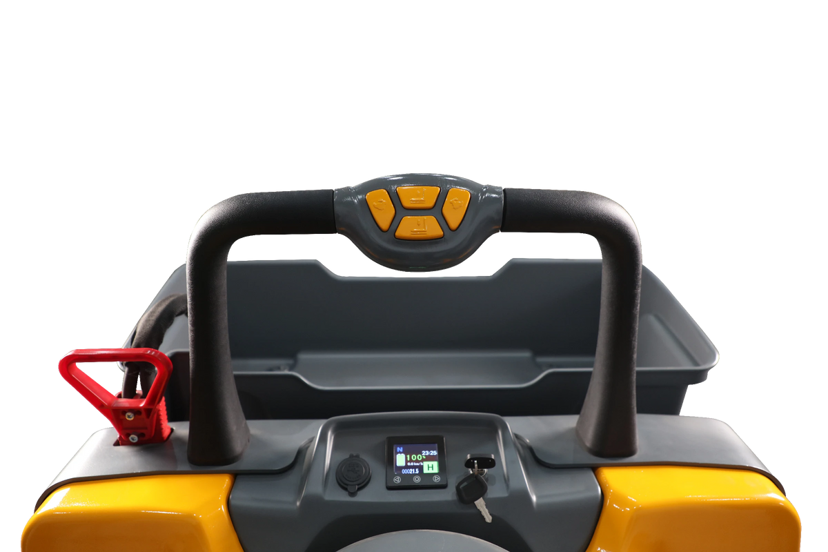 Electric pallet jack control panel with steering handles and small digital display