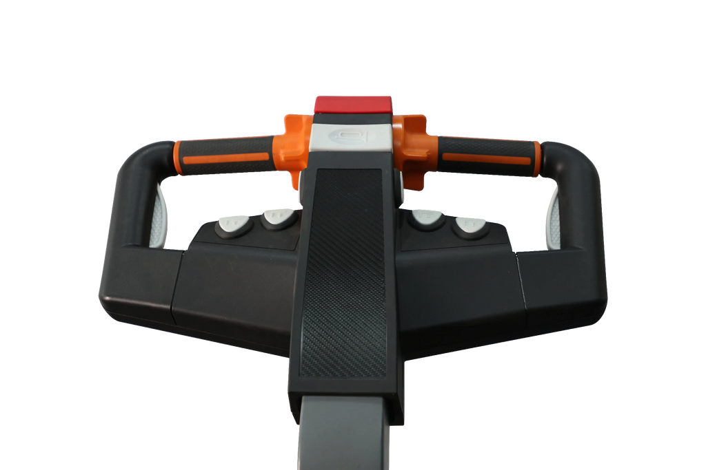 Electric pallet jack operator handle with black grips and orange-topped control housing