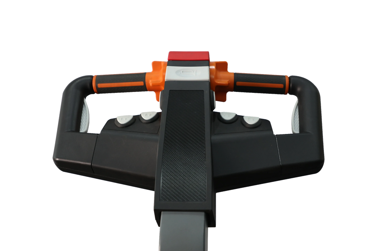 Electric pallet jack operator handle with black grips and orange-topped control housing