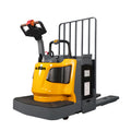 Yellow electric pallet jack with black platform, tiller controls, and safety guard