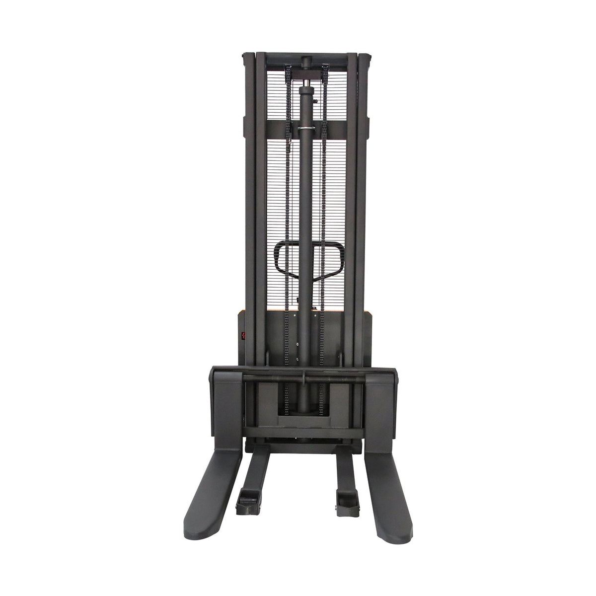 Semi-electric pallet stacker with raised mast and forks, black steel frame