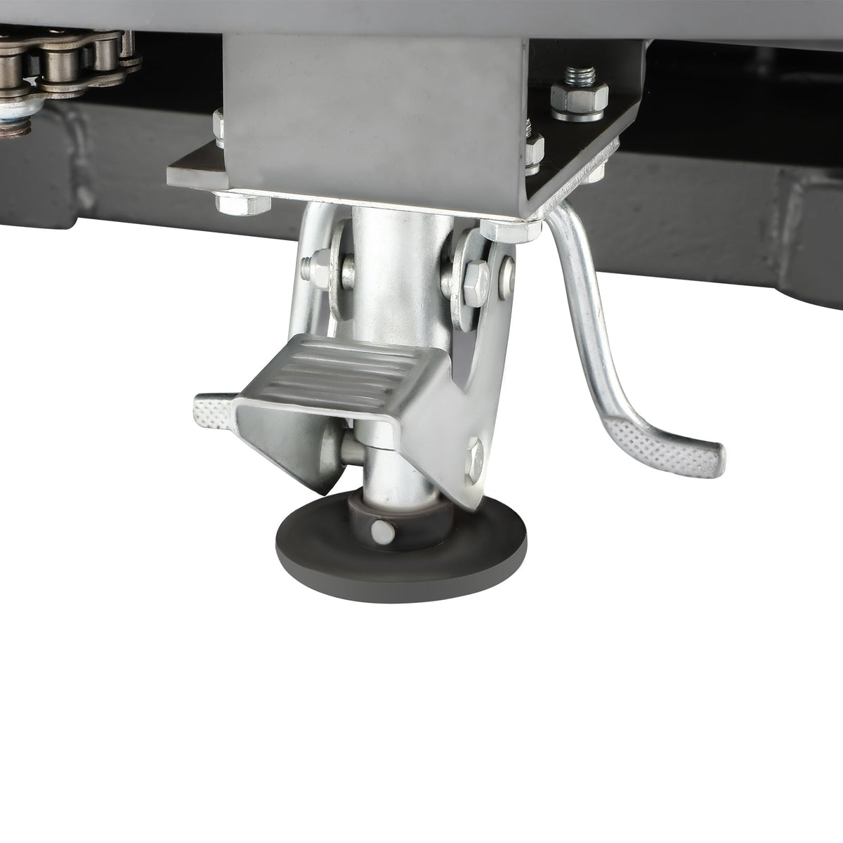 Control lever and black foot pedal mechanism on semi-electric pallet stacker base