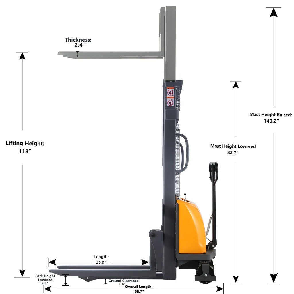 Side-view dimension diagram of semi-electric pallet stacker mast and lifting height