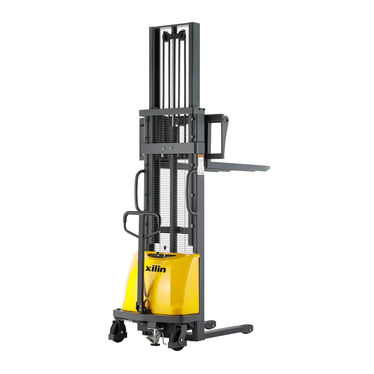 Yellow semi-electric forklift stacker with vertical mast and raised forks