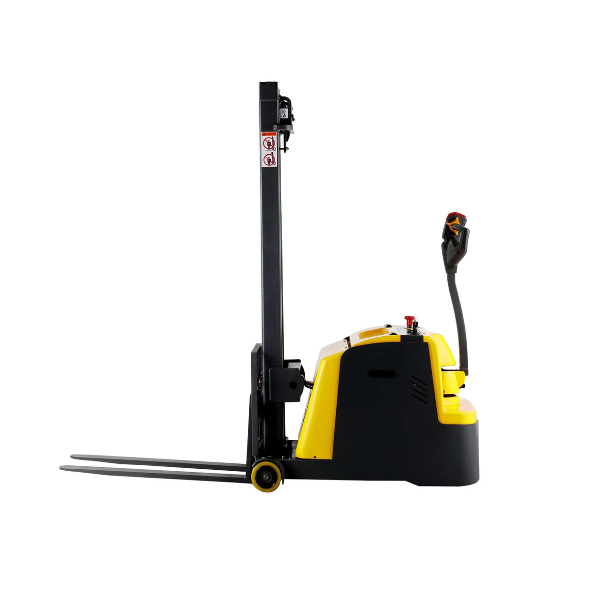 Counterbalanced pallet stacker with yellow body, black base, and upright mast