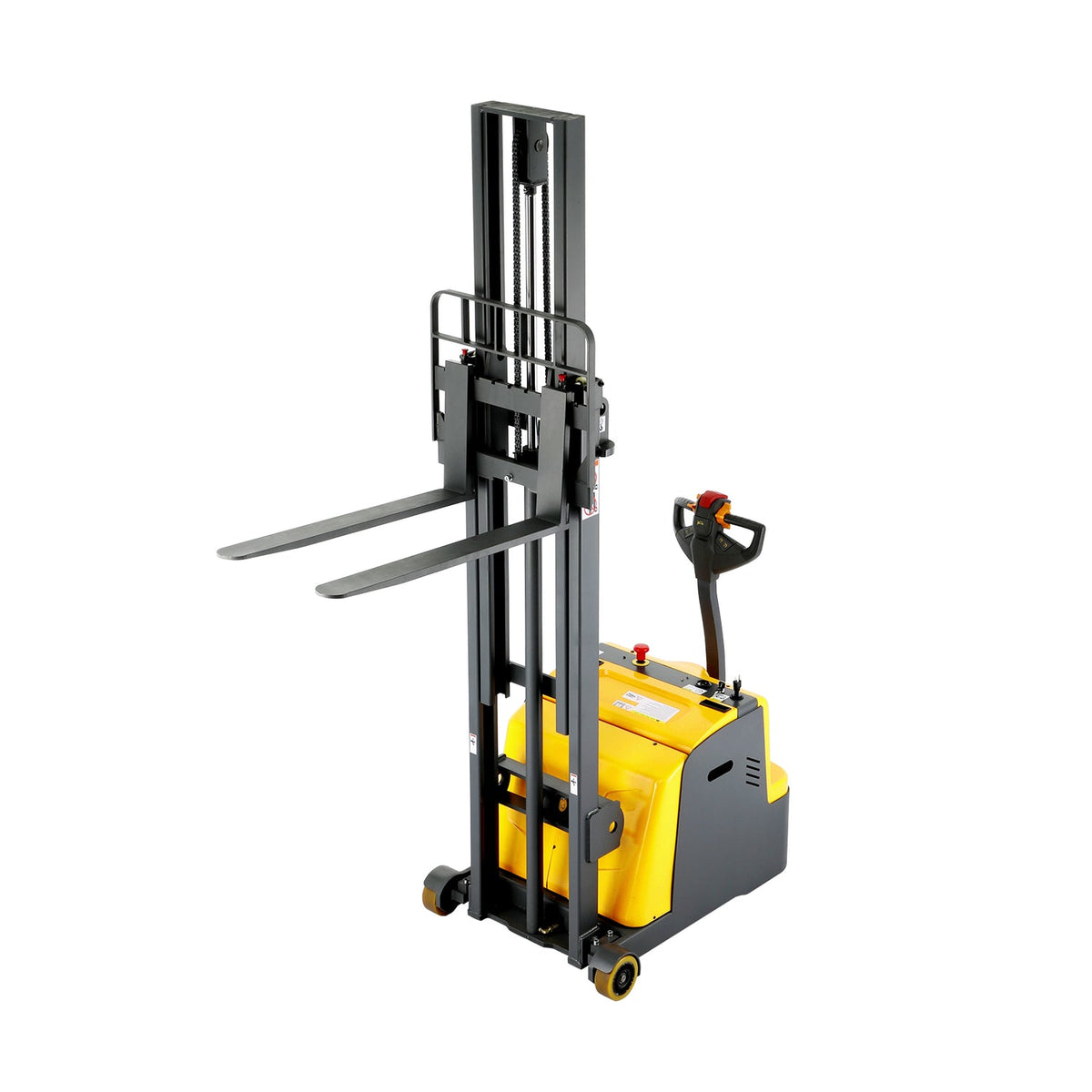 Counterbalanced pallet stacker, side view with extended forks and control handle