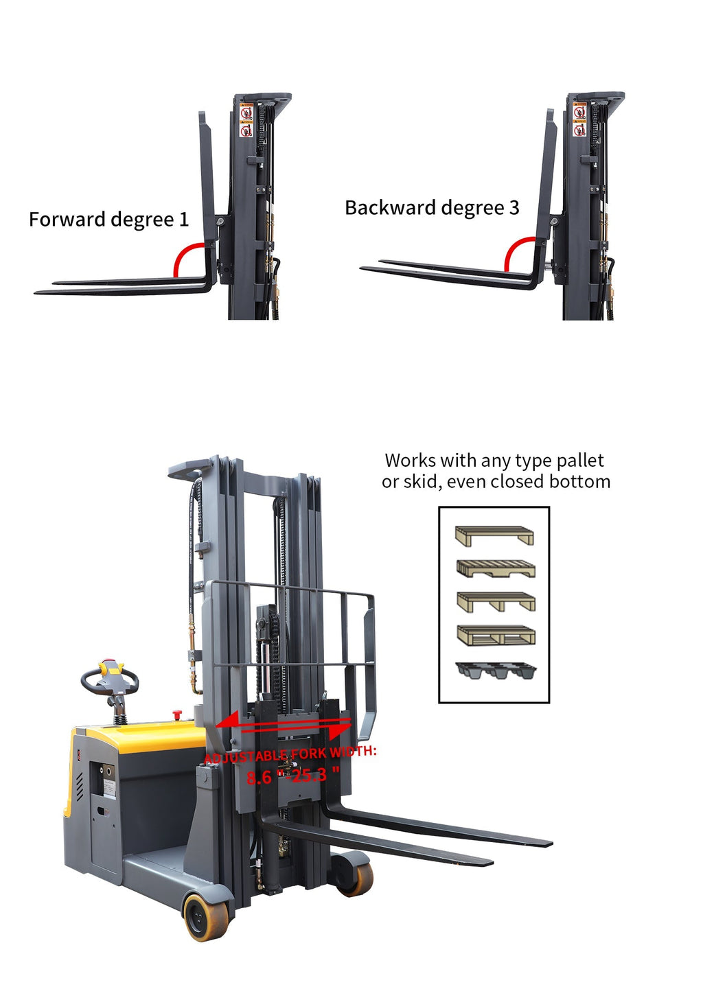 Counterbalanced stacker directional controls with forks and upright mast overview