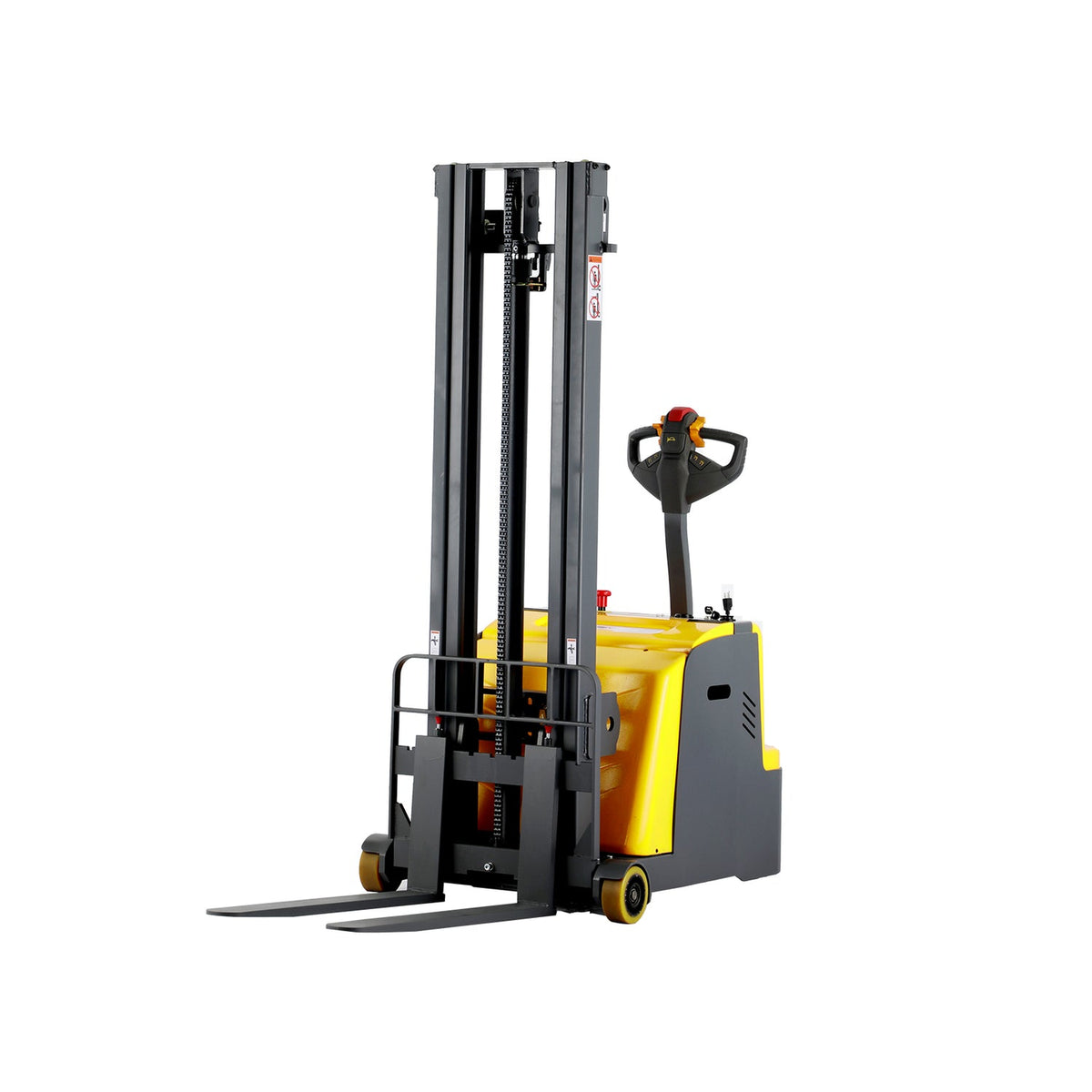 Counterbalanced stacker front view with yellow body, forks, and steering handle