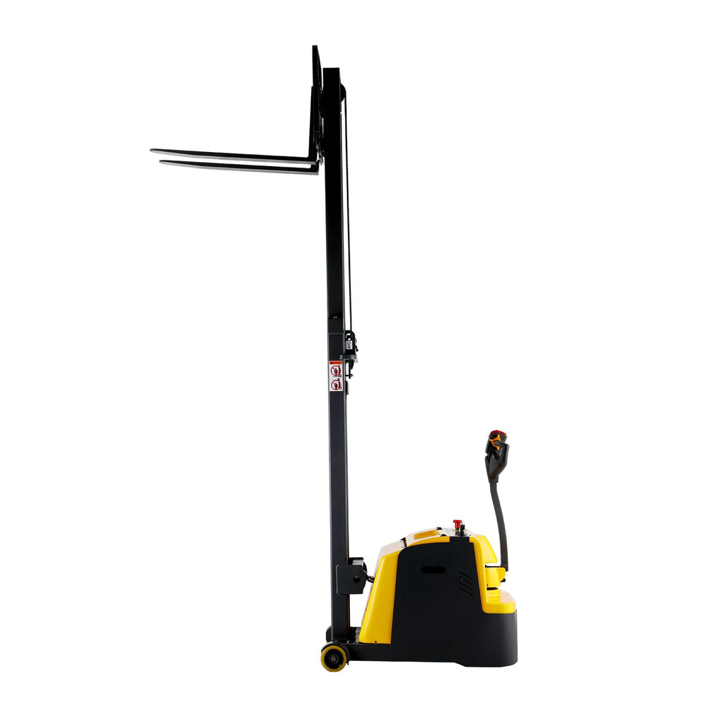 Counterbalanced pallet stacker with tall mast and side forks on caster wheels