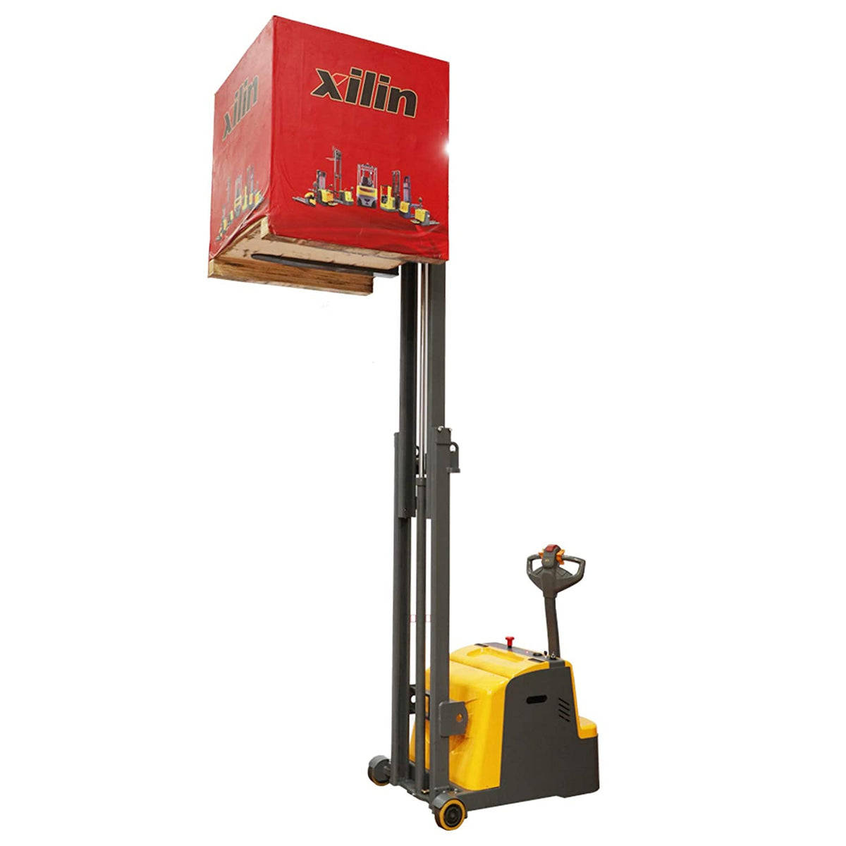 Counterbalanced stacker lifting a pallet on a raised platform, yellow body