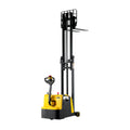 Counterbalanced pallet stacker with tall mast, yellow base and black forks