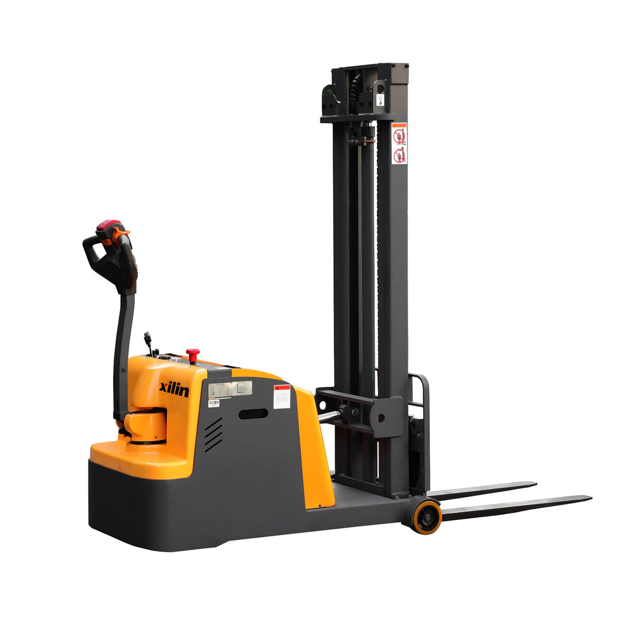 Electric pallet stacker on wheels with tall mast, yellow body and fork carriage.