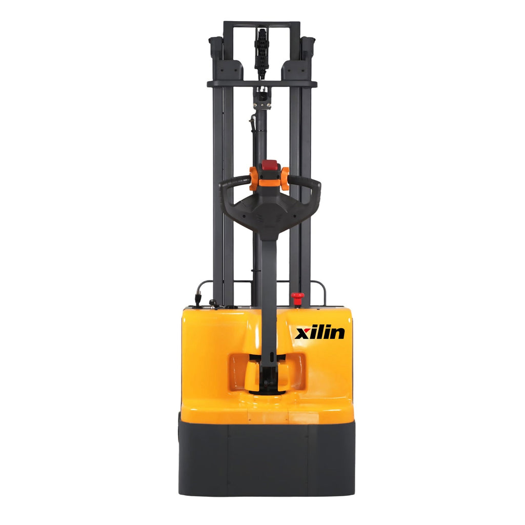 Front view of electric pallet stacker with yellow body, black mast and operator handle.